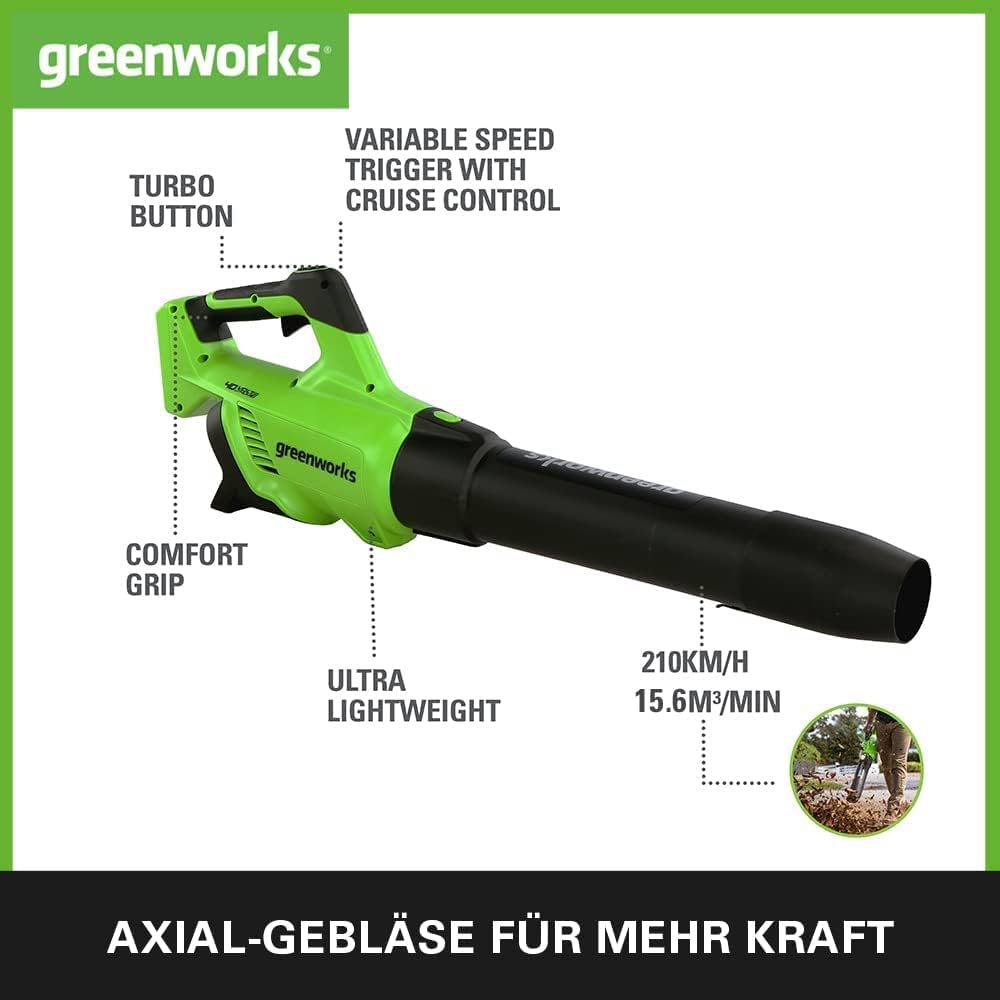Greenworks G40ABK2 Axial Laubblser mit Tempomat, 177 km/h, 11,05 m/min, 40V 2Ah Batterie & Ladegert, 3 Jahre Garantie