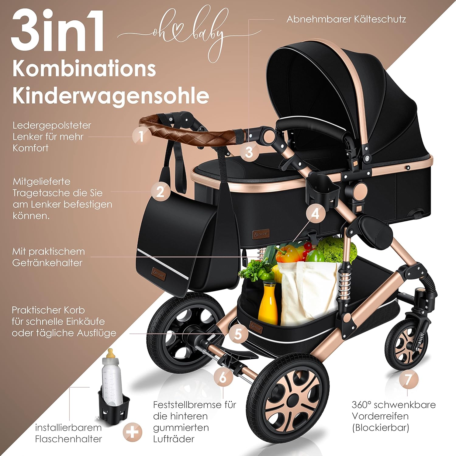KESSER Passeggino trio Loops 3 in 1, set completo con navicella, seduta sportiva e seggiolino auto con pneumatici in gomma piena, borsa fasciatoio, parapioggia, tavolino, ECE R129, nero/champagne