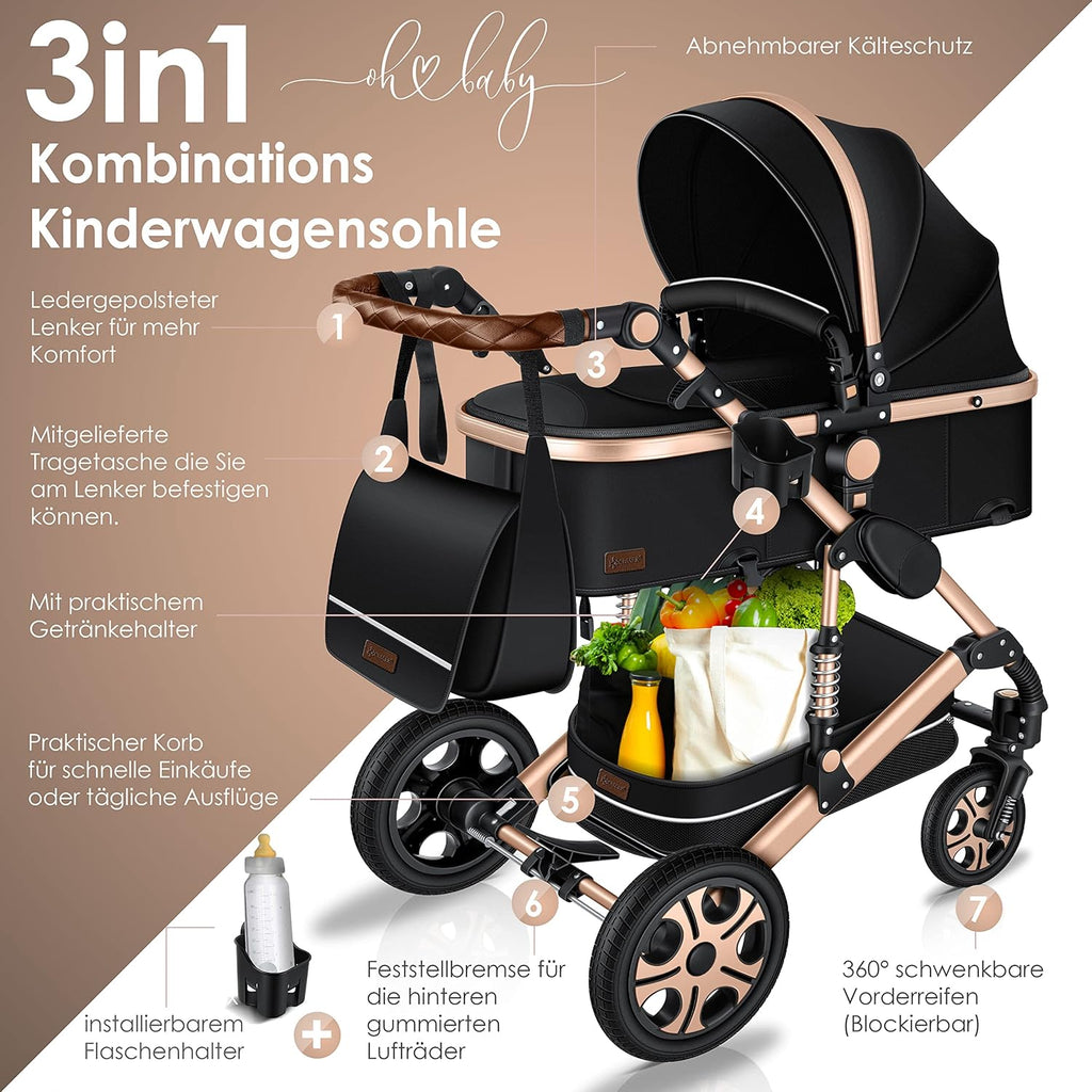 KESSER Loops 3 in 1 Passeggino Combinato, Set Completo con Navicella, Seduta Sportiva Buggy e Seggiolino Auto Ovetto, Gomme Piene, Borsa Fasciatoio, Parapioggia, Tavolino, ECE R129, Nero/Champagne