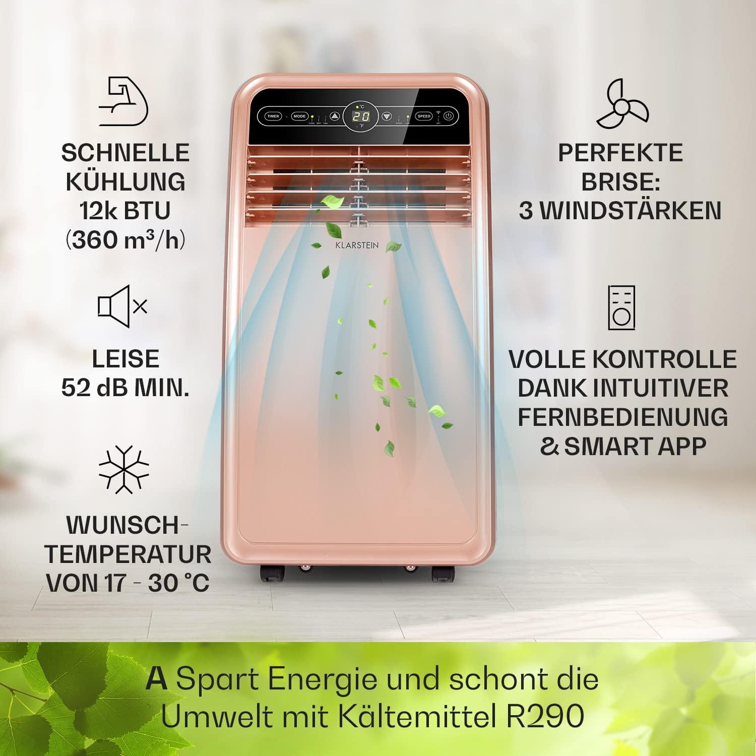 Klarstein Climatizzatore Portatile con Tubo di Scarico, Condizionatore 4-in-1 con Ventilatore, Deumidificatore e Modalità Notturna, Piccolo e Portatile per Casa e Ufficio, Controllo tramite App, 12000 BTU
