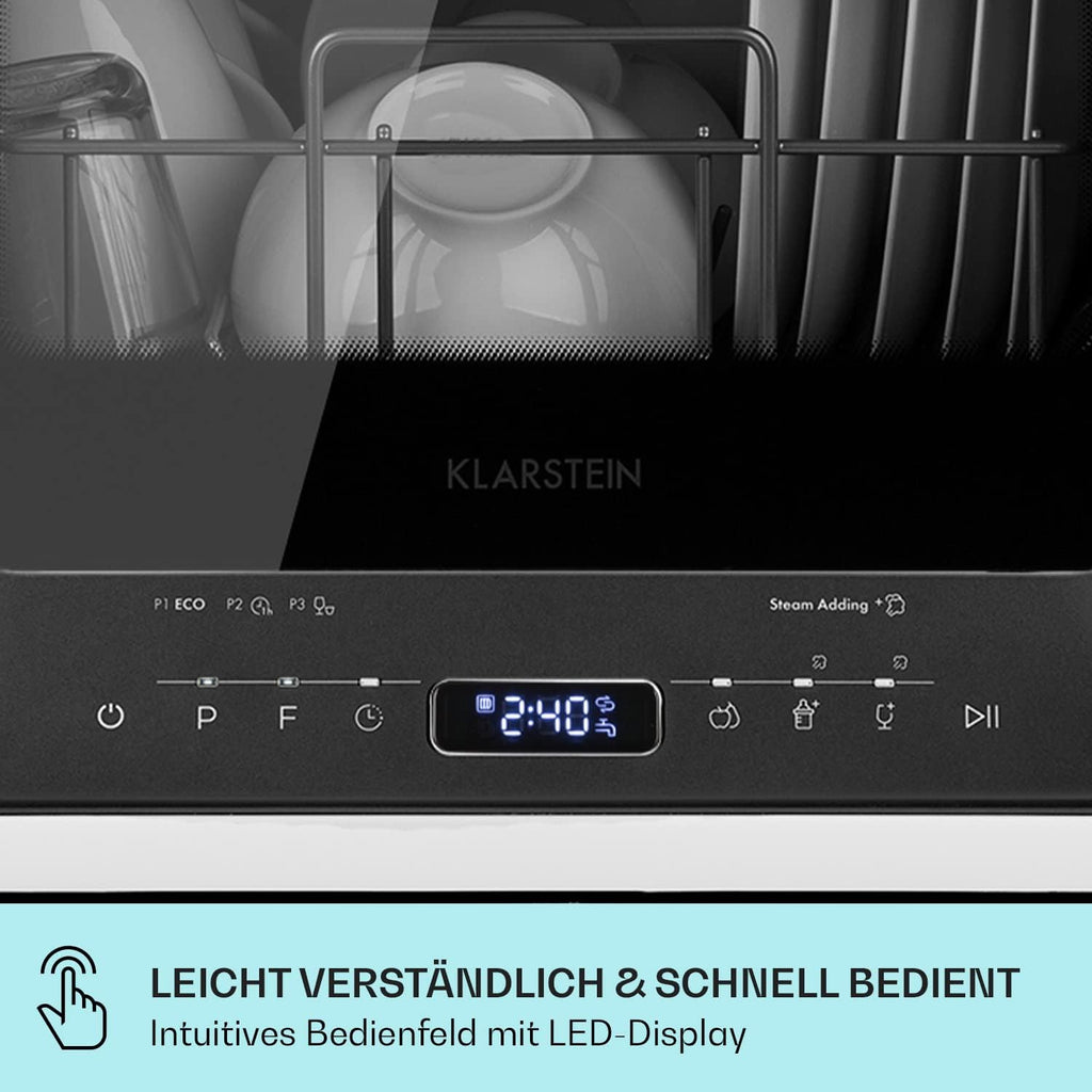 Klarstein ia Mini Lavastoviglie, lavastoviglie con spazio per 2 coperti, 6 programmi, richiede 5 litri d'acqua, display a LED, touch, lavastoviglie da tavolo incl. accessori, nero