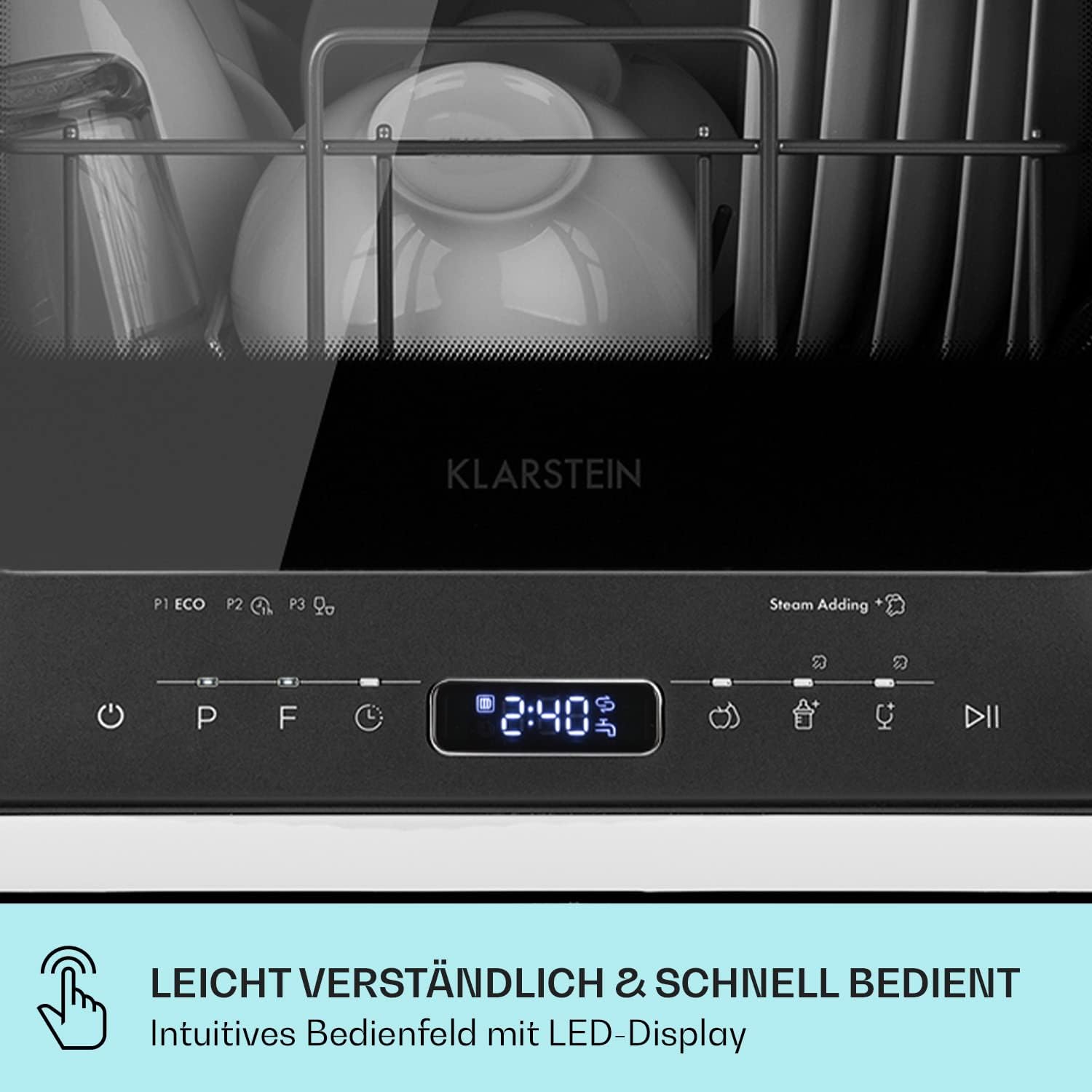 Klarstein ia Mini Lavastoviglie, lavastoviglie con spazio per 2 coperti, 6 programmi, richiede 5 litri d'acqua, display a LED, touch, lavastoviglie da tavolo incl. accessori, nero