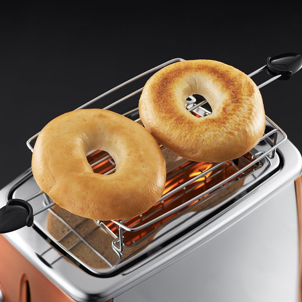 Russell Hobbs Tostapane [per 2 fette] Luna Acciaio Inossidabile Rame (fessure extra large, include supporto per panini, 6 livelli di doratura + funzione scongelamento e riscaldamento, 1550W) 24290-56