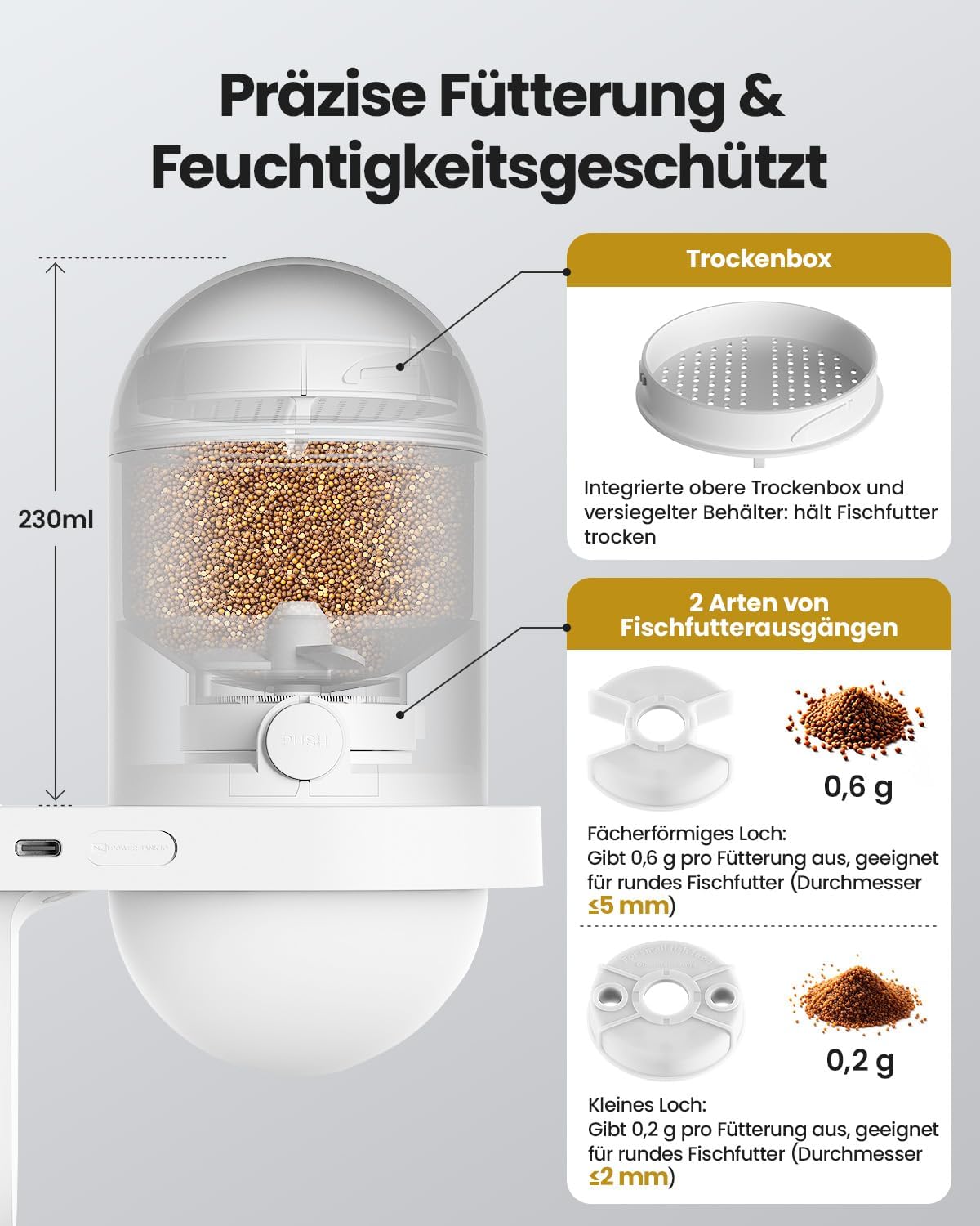Wolmds automatischer Fischfütterer mit 2.5K Kamera, App-Steuerung, feuchtigkeitsbeständiger Urlaubsfutterspender, Präzisionsfütterungssystem, visueller Monitor für Aquarien, Schildkrötenstiften (FS-2)