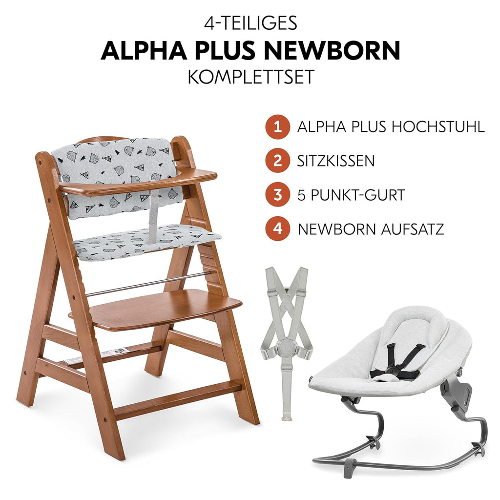 hauck Alpha Plus Newborn Set mit Premium Bouncer Dark Grey - Baby Holz Hochstuhl ab Geburt mit Liegefunktion - extra flacher Aufsatz für Neugeborene & Baumwoll Sitzpolster - Grau