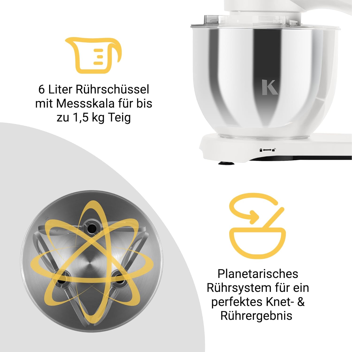 KLAMER Robot da Cucina 1800W, Impastatrice per Pane con Ciotola in Acciaio Inox da 6 L, 10 Velocità con Timer, Movimento Planetario, Frusta a Filo, Gancio Impastatore, Frusta a Palloncino e Coperchio Antischizzi (Nero)
