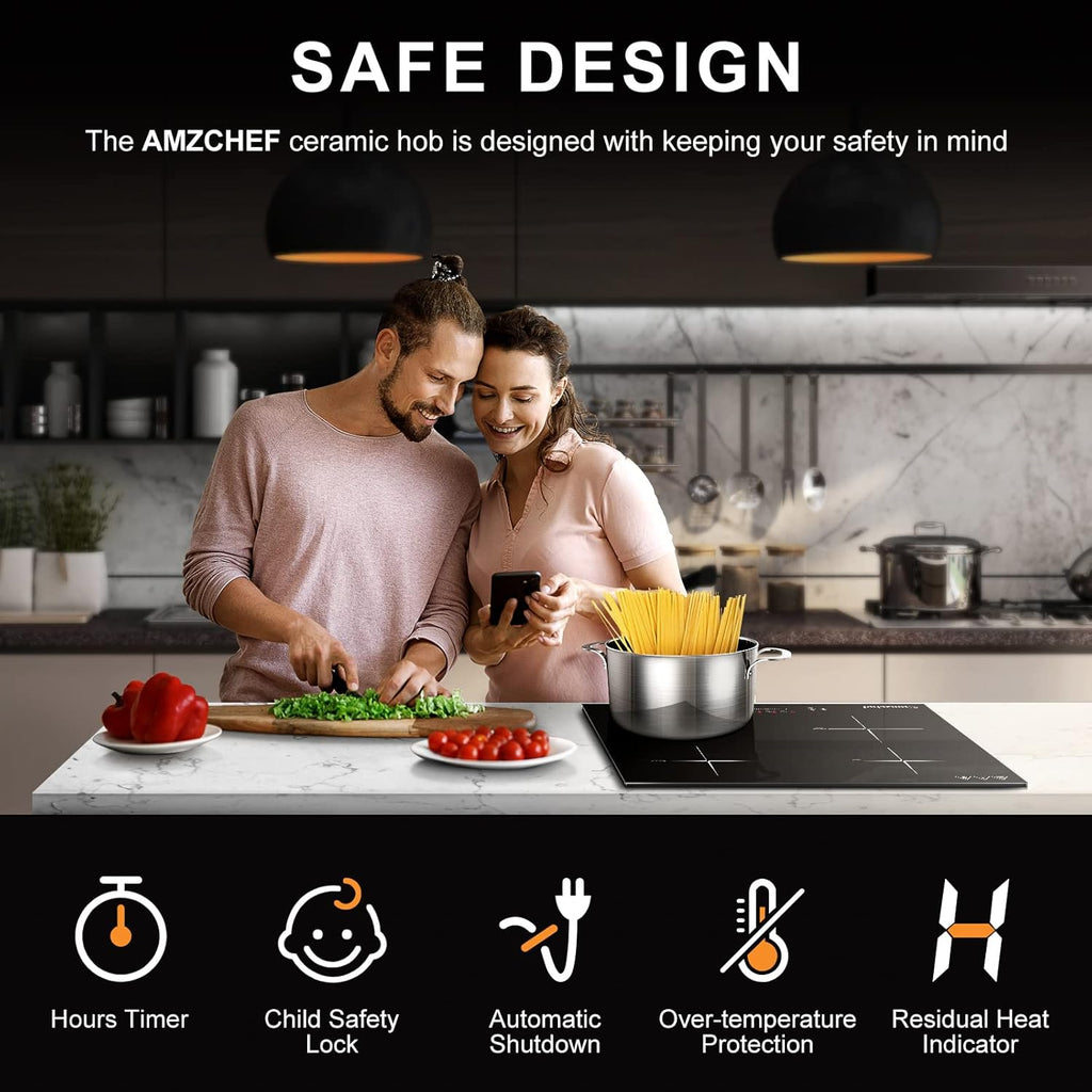 AMZCHEF Induktionskochfeld 60cm mit Zwei Flexzonen, 4 Zonen Induktionskochplatte mit Boost-Funktion und 9 Leistungsstufen, Touch-Bedienung, Timer, Sicherheitsschloss, Überhitzungsschutz, BBQ, 7200W