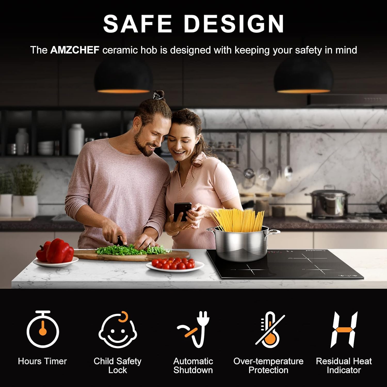 AMZCHEF Induktionskochfeld 60cm mit Zwei Flexzonen, 4 Zonen Induktionskochplatte mit Boost-Funktion und 9 Leistungsstufen, Touch-Bedienung, Timer, Sicherheitsschloss, Überhitzungsschutz, BBQ, 7200W