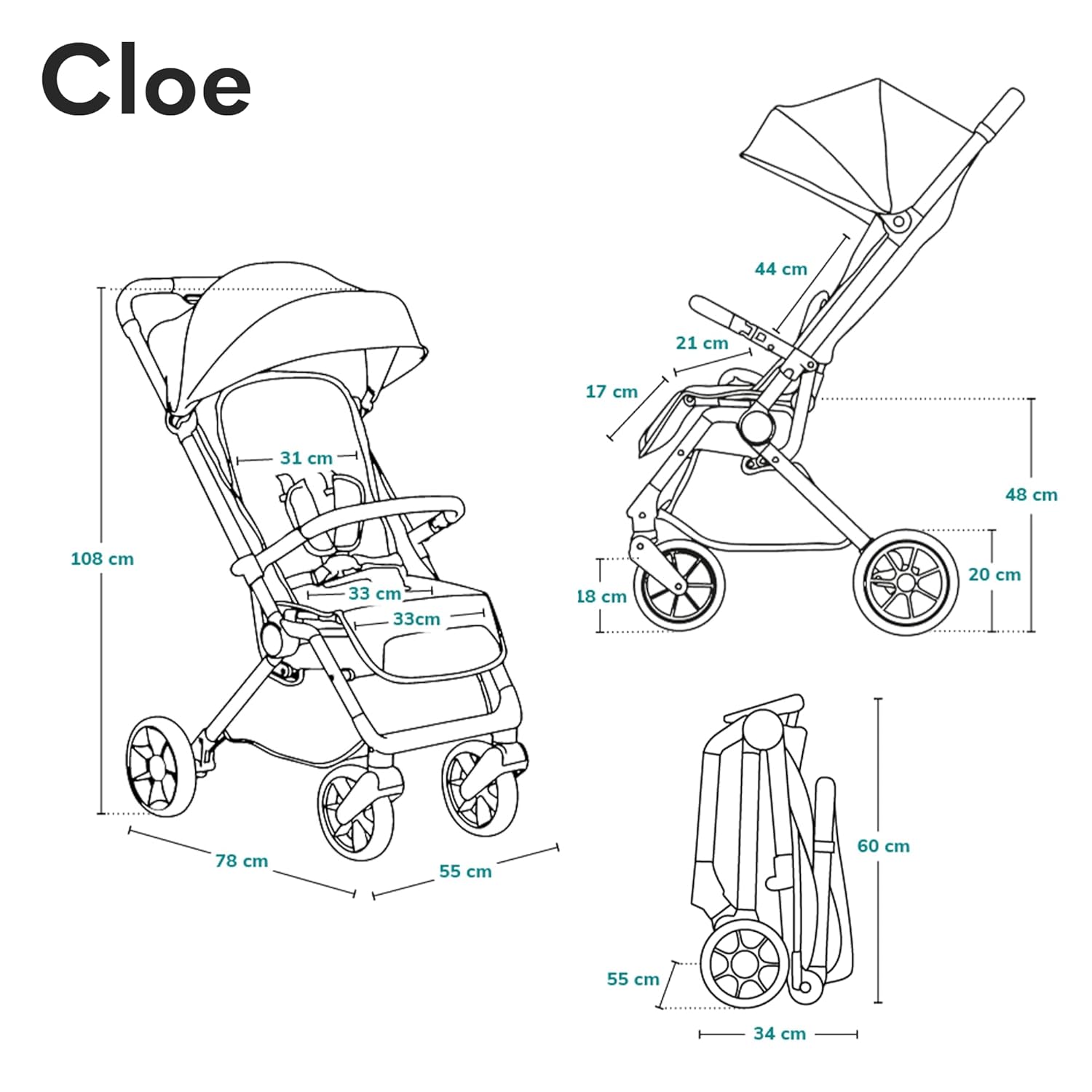 LIONELO Cloe Passeggino Pieghevole fino a 22 kg, Schienale Reclinabile Funzione Nanna, Imbracatura a 5 Punti Grandi Ruote Girevoli Zanzariera Porta Biberon Leggero Compatto Impermeabile (Grigio)