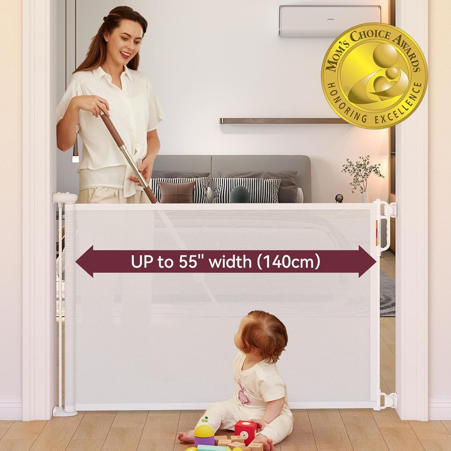 Momcozy Barriera di Sicurezza Retrattile per Bambini (Aggiornata), 0-140 cm, Altezza 83 cm, Cancello di Sicurezza Avvolgibile, Azionabile con Una Sola Mano, Adatta per Scale/Porte/Interno ed Esterno, Grigio