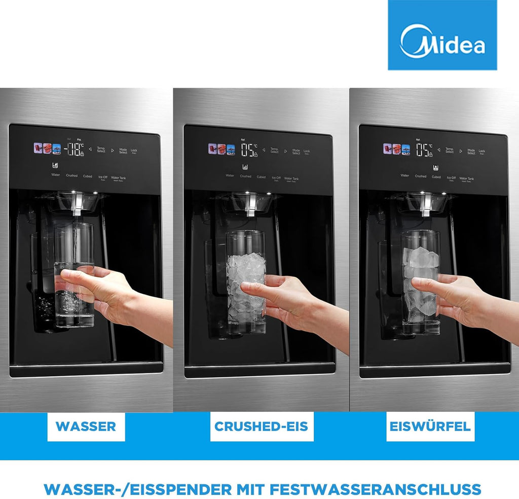 Midea KS-DDX 6.32 WT Frigorifero Side-by-Side con Congelatore/Altezza 178,8 cm/254 kWh/anno/No Frost/Compressore Dual Inverter/con Distributore di Acqua e Ghiaccio 3-in-1 e Serbatoio d'Acqua, Inox Scuro