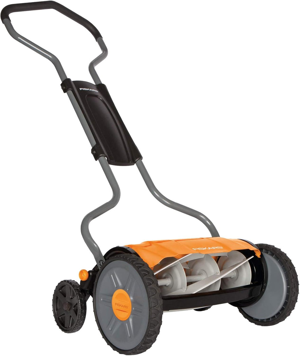 Fiskars Spindelmher, Rasenmher mit berührungslosem Schneidesystem, Schnittbreite: 43 cm, StaySharp Plus, Schwarz/Orange/Silber, 1015649