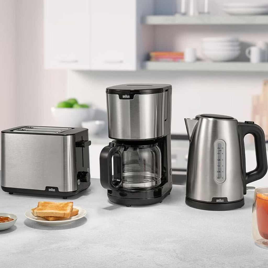 Braun PurShine KF1505 BK Filterkaffeemaschine, 1,2L Edelstahl-Thermokanne für bis zu 9 Tassen, OptiBrew-System, Tropf-Stopp-Funktion, schwenkbarer Filterkorb, Automatische Abschaltung, 1000W, Schwarz