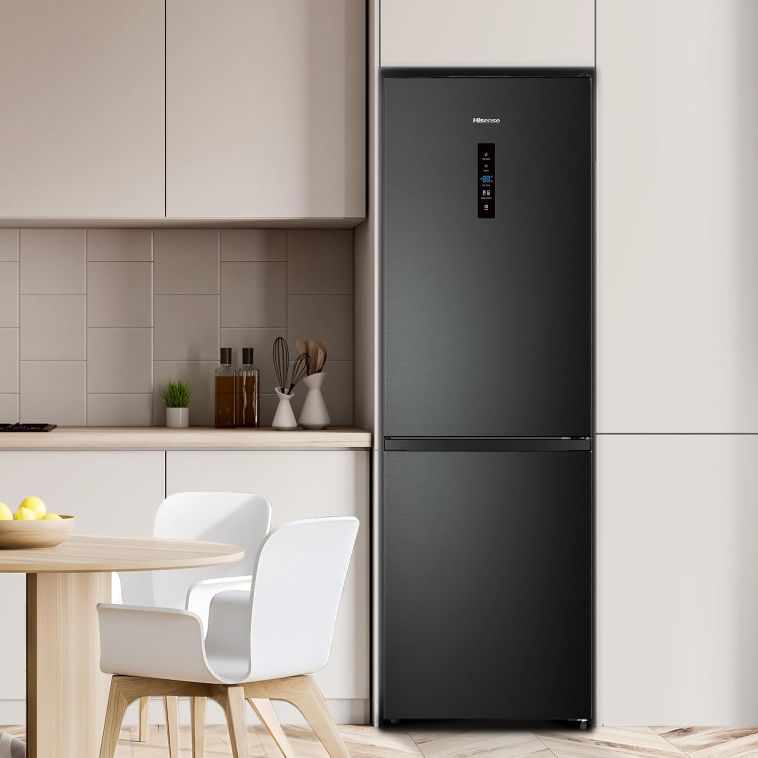 Hisense RB327N4ADD Frigorifero Combinato, Classe Energetica D, Total NoFrost, Porta Reversibile, Griglia Portabottiglie, Vano Frigo 171 Litri, Vano Congelatore 85 Litri, Look Acciaio Inox