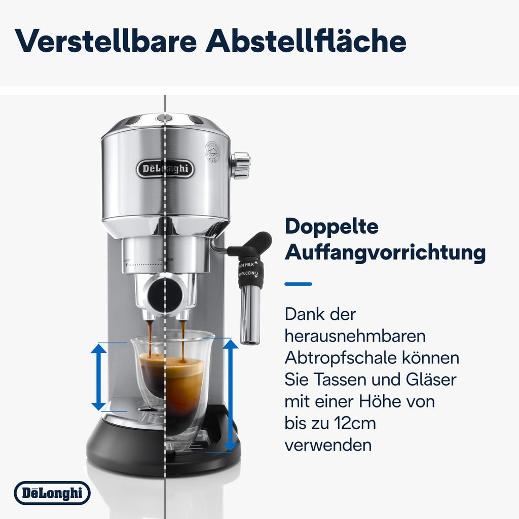 De'Longhi Dedica Style EC 685.M – Macchina da caffè espresso con portafiltro, con montalatte professionale, larga solo 15 cm, per caffè in polvere o cialde ESE, serbatoio dell'acqua da 1 l, argento