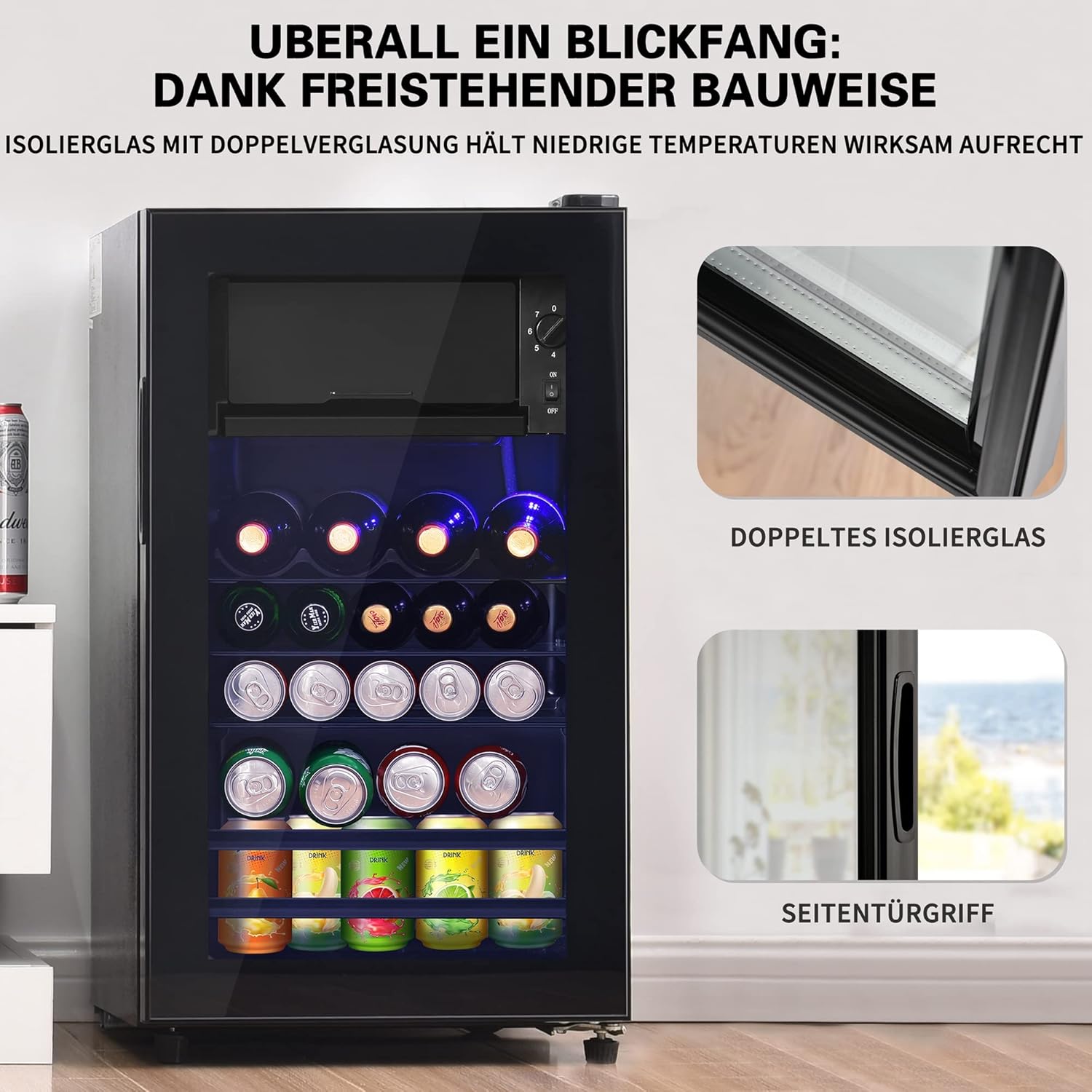 Frigorifero Merax 128L, Frigorifero da incasso per bevande con frigorifero da 120L + congelatore da 8L, con luce LED interna e ripiani regolabili, silenziosissimo per ristorante, bar, bevande e birra