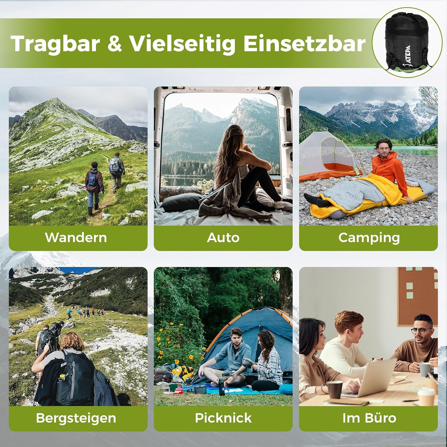 ATEPA Daunen Schlafsack Winter mit abnehmbare Decke, daunen Schlafsack XXL für 3-4 Jahreszeiten mit mattenbefestigung, Fußkasten, Zwei-Wege-Reißverschluss, Camping Outdoor