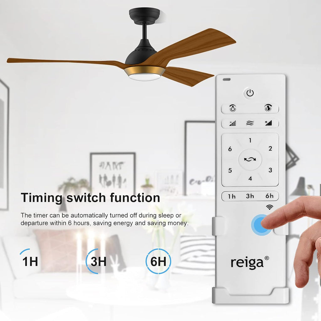 reiga Ventilatore da soffitto WiFi 132 CM con illuminazione a LED dimmerabile e telecomando, 3 temperature di colore, motore DC 6 velocità, compatibile con l'App Alexa Google Home, legno e marrone