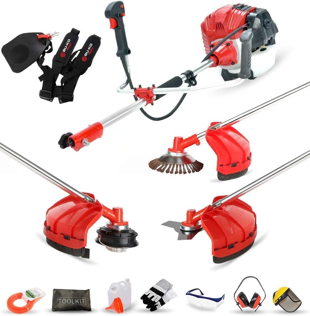 Decespugliatore a benzina BU-KO 52cc tagliaerba attrezzo da giardino include: tagliabordi, decespugliatore con lama a 3 denti, spazzola per erbacce in filo d'acciaio, lama da taglio. Ottimo attrezzo da esterno.