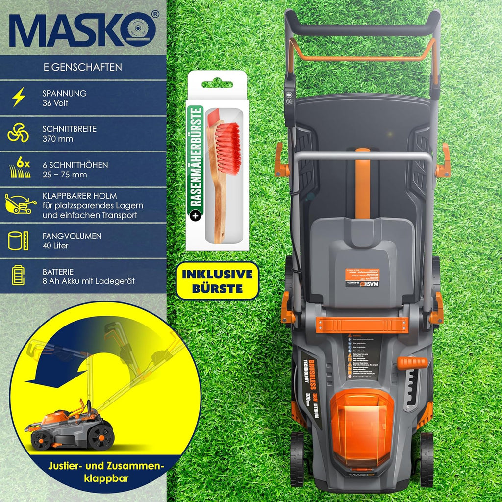 MASKO® Rasenmäher mit Mulchfunktion inkl. Zubehör, Akku Li-Ion Batterie 4Ah und Ladegerät – Rasentrimmer Schnittbreite 33cm 5 fache 25-75mm Schnitthöhenverstellung Fangkorb 30 Liter bis 150m² Flächen
