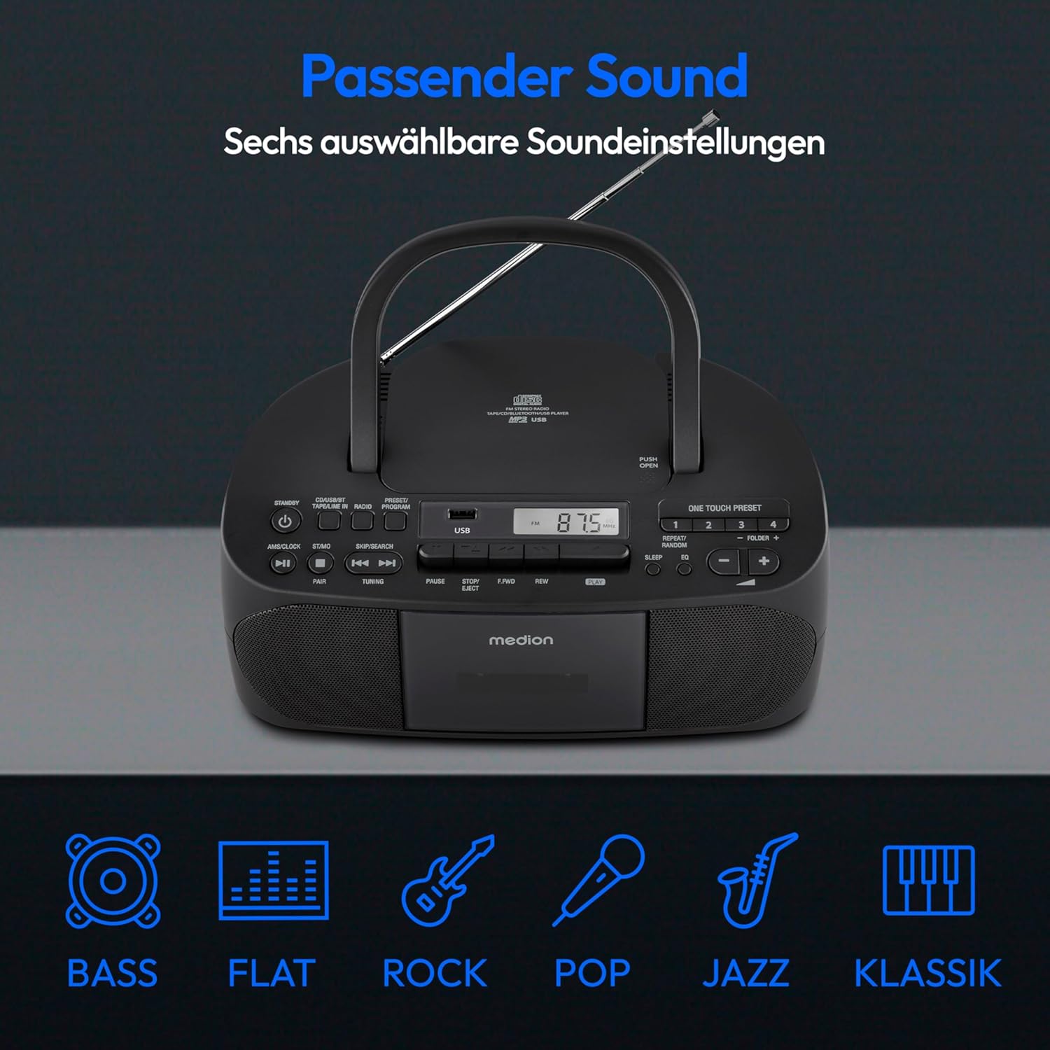 MEDION E65010 Radioregistratore stereo (lettore CD, cassetta, porta USB, ingresso audio AUX, riproduzione MP3, radio PLL FM, 40 stazioni memorizzabili, funzionamento a batteria, telecomando) bianco