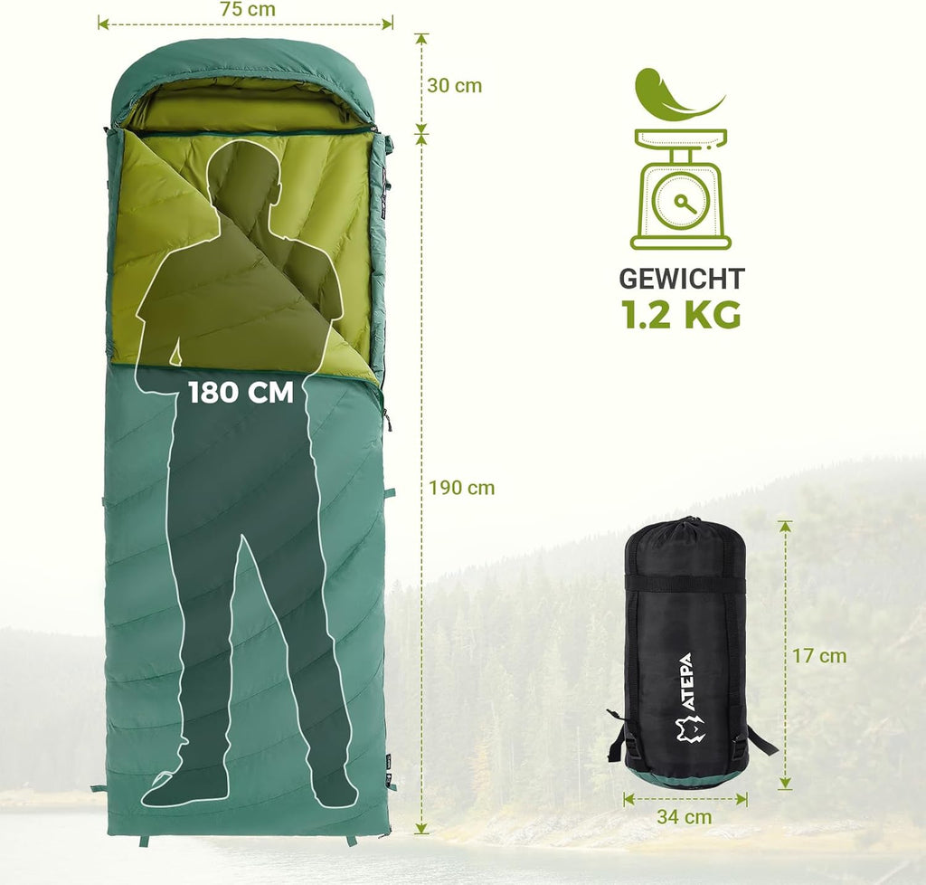 ATEPA Daunenschlafsack Winter Outdoor,Daunenschlafsack, Übergröße Ultraleichter, 3 Jahreszeiten Warm, XXL Leichtgewicht, großartiger Komfort, Ideal für Rucksacktouren Erwachsene Camping, Wandern