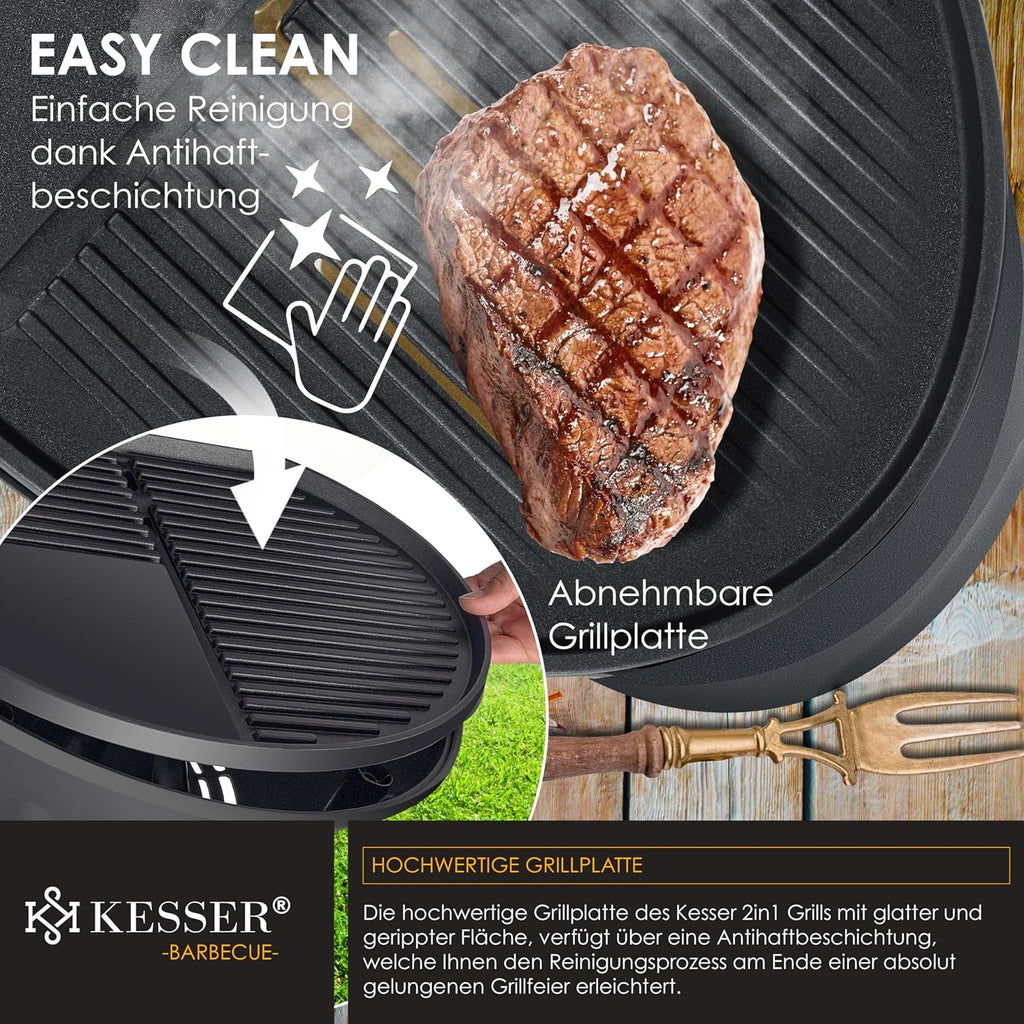 KESSER® elektrischer Elektrogrill 2in1 Tischgrill - Standgrill mit Deckel und Standfuß | max. 2400 Watt | Faltbar | Thermostat | Antihaftbeschichtung | Grillplatte Abstelltische | 2 Räder |