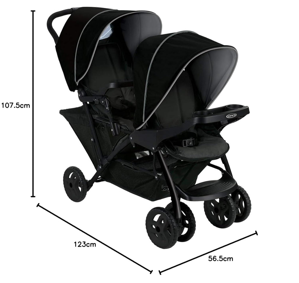 Graco Stadium Duo Passeggino Gemellare, 0-15 kg, utilizzabile anche con seggiolino auto, schienali reclinabili, pieghevole, sta in piedi da solo, ampio cestello portaoggetti, include vassoi portaoggetti, Titanium