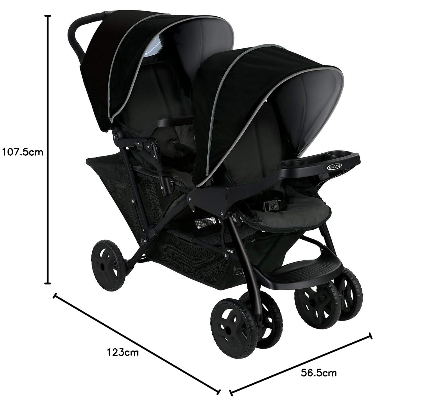 Graco Stadium Duo Passeggino Gemellare, 0-15 kg, utilizzabile anche con seggiolino auto, schienali reclinabili, pieghevole, sta in piedi da solo, ampio cestello portaoggetti, include vassoi portaoggetti, Titanium