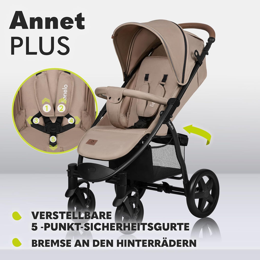 LIONELO Annet Buggy fino a 22 kg con funzione reclinabile, passeggino compatto richiudibile con accessori, ruote in schiuma EVA, zanzariera, coprigambe, portabevande, cestino (Golden Moments, Tour)