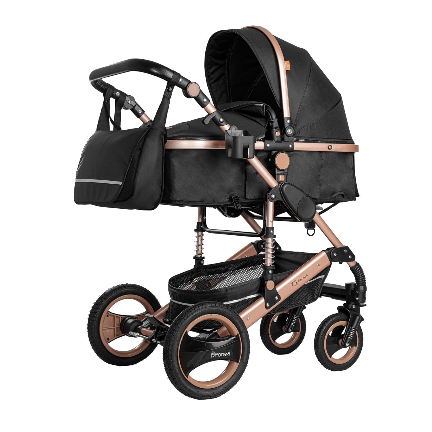 Bronea EXQUISE Kombi-Kinderwagen 3 in 1 INKL. MATRATZE | FARBAUSWAHL | Buggy, Auto-Babyschale, Zusammenklappbar mit Wickeltasche, Regenschutz, Mückenschutz & Sonnenschutz, Farbe:schwarz/champagne