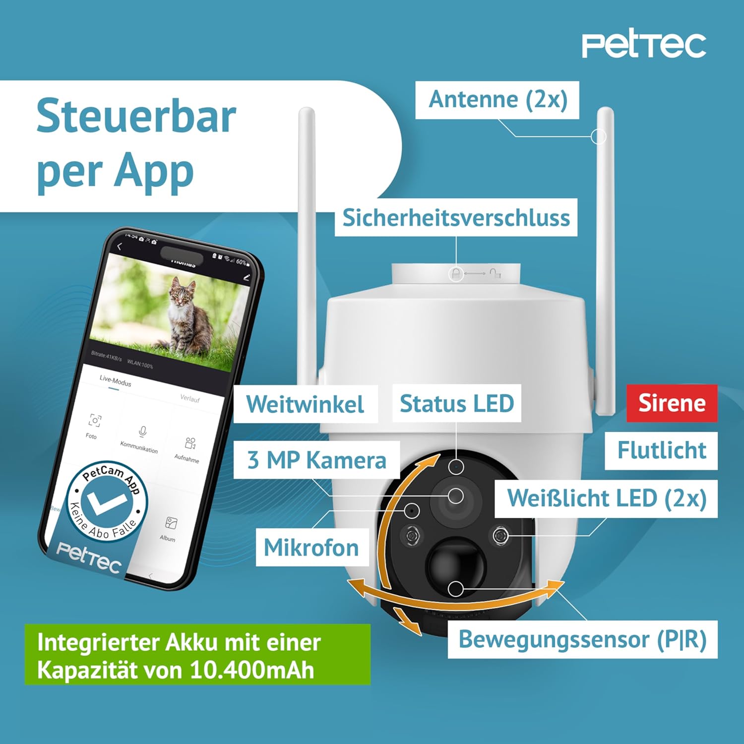 PetTec – Pet Cam Buddy Haustierkamera Futterautomat 8L für Katzen- & Hunde-Trockenfutter – Automatischer Futterspender mit WLAN & App-Steuerung -Inkl. 2-Wege-Audio, Bellerkennung & Nachtsicht