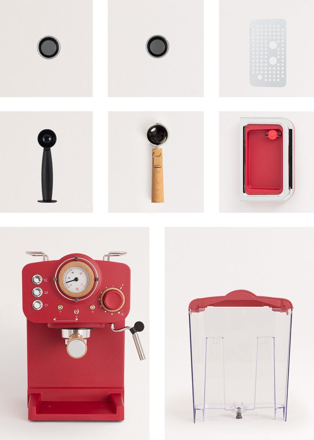 CREATE / THERA RETRO/Macchina da caffè espresso semiautomatica Rosa Pastello Opaco e Legno / Pompa a pressione 20bar, 1100W, Serbatoio acqua 1.25L, per caffè macinato, cialde ESE 55mm, con vaporizzatore, 1100W