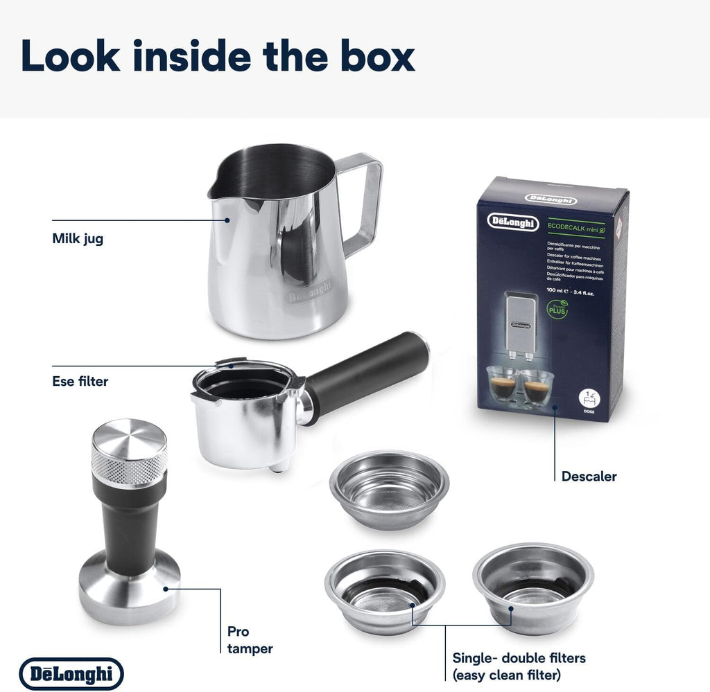 De'Longhi Dedica Style EC 685.M – Macchina da caffè espresso con portafiltro, con montalatte professionale, larga solo 15 cm, per caffè in polvere o cialde ESE, serbatoio dell'acqua da 1 l, argento