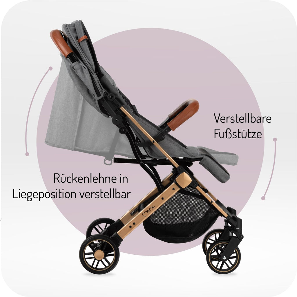 MOMI ESTELLE Kinderwagen für Kinder ab 6 Monat bis zu max körpergewicht von 15 kg, klappbar auf die Maße 65 x 51 x 21 cm, gewicht 7,5 kg, 5-Punkt-Sicherheitsgurt, koffer, grau-gold, Räder 6''/6,5''