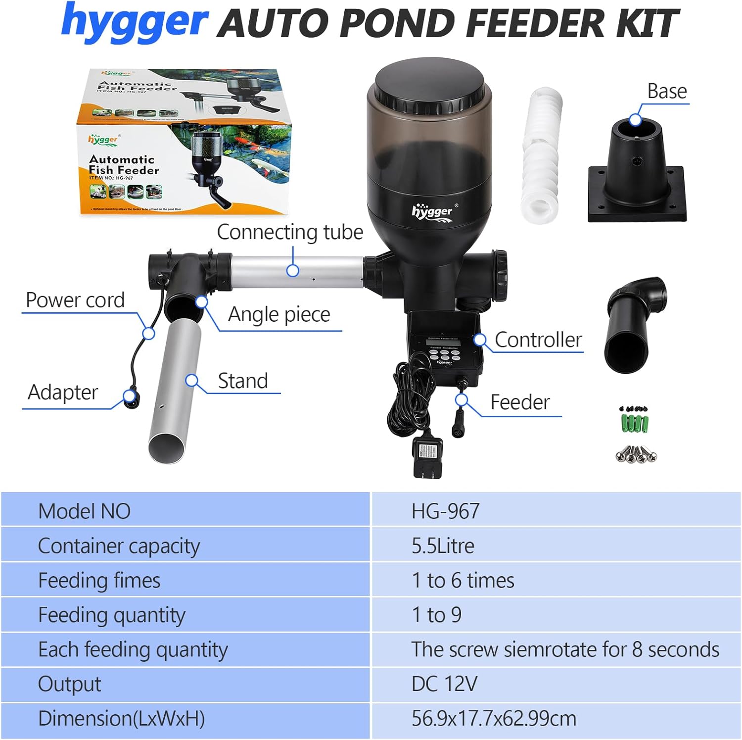 hygger Distributore Automatico di Cibo per Laghetto, Grande Alimentatore Programmabile per Pesci da Esterno con Controller Display LCD, Alimentatore Automatico per Pesci 5,5 Litri per Laghetto Koi per Weekend e Vacanze