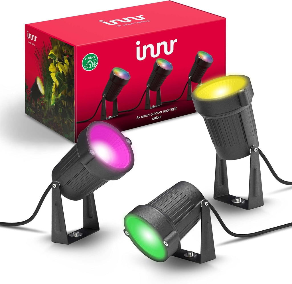 innr Smart Gartenstrahler, Zigbee, Funktioniert mit Hue* und Alexa (Bridge erforderlich), White & Color, LED Strahler, Spotlicht außen, Außenlampe, IP67 wasserdicht, Komplettset (3-Pack)
