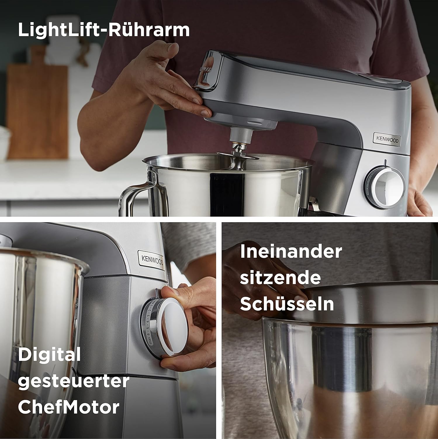 Kenwood Titanium Chef Baker KVL85.424SI Robot da cucina con bilancia integrata, incl. set pasticceria da 4 pezzi, ciotole da 7 L e 5 L, regolazione continua della velocità, 1200 W, Argento