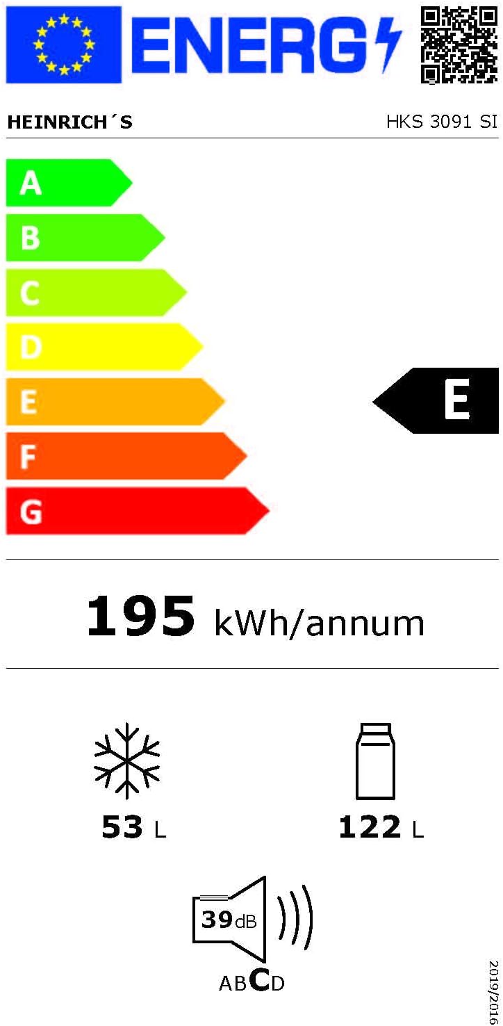 HEINRICHS Frigorifero-congelatore 175 litri, Volume frigorifero 122 litri, Scomparto congelatore 53 litri, Illuminazione interna a LED, Porta frigorifero reversibile, Silenzioso 39 dB, Grandi cassetti congelatore, 7 livelli di temperatura, Inox