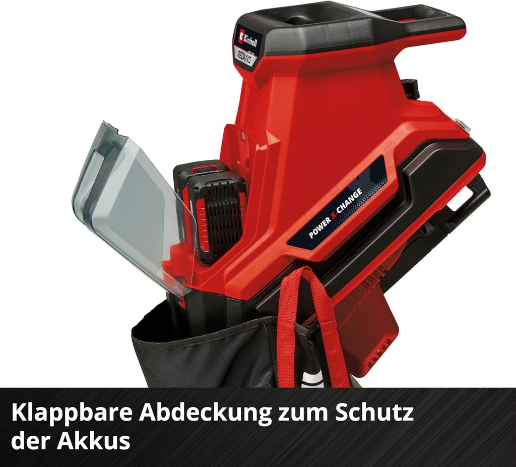Biotrituratore a batteria Einhell REDAXXO 36/25 Power X-Change (36 V, max. 25 mm di spessore dei rami, 3 lame reversibili in acciaio, sacco di raccolta da 55 L, impugnatura per il trasporto, pressore)