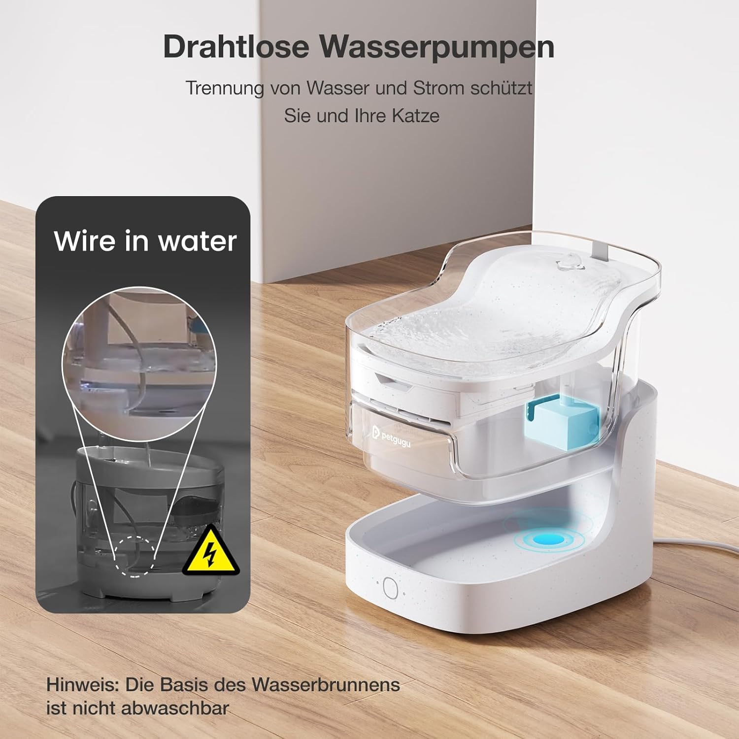 PETGUGU Katzenbrunnen für Katzen: Trinkbrunnen für Katze mit kabelloser Pumpe, 2L, Ultra-leise, Katzenbrunnen mit Bewegungssensor, Fernbedienung App und Datenüberwachung, WiFi 2,4 G (PF1)