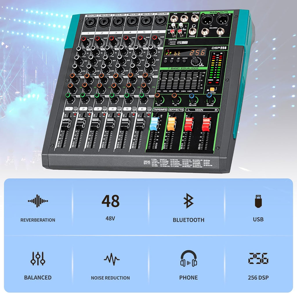 Depusheng PA12 Mixer DJ Professionale a 12 Canali con 256 Effetti DSP, Ingresso Bluetooth, Lettore USB, Alimentazione Phantom 48V