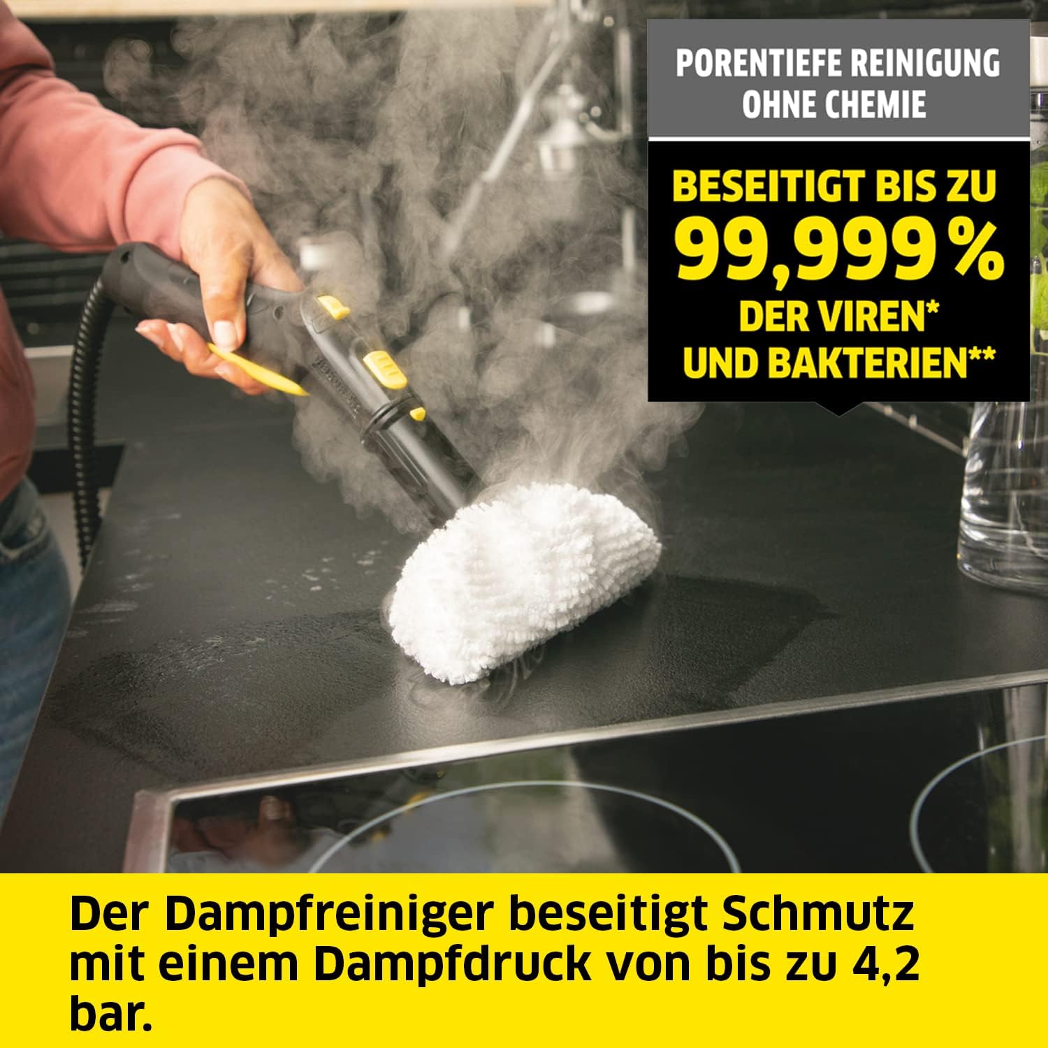 Pulitore a vapore Kärcher SC 5 EasyFix con funzione VapoHydro, pressione vapore: 4,2 bar, tempo di riscaldamento: 3 min., superficie: ca. 150 m², serbatoio: 0,5 l + 1,5 l, incl. kit per la pulizia dei pavimenti EasyFix e ugelli