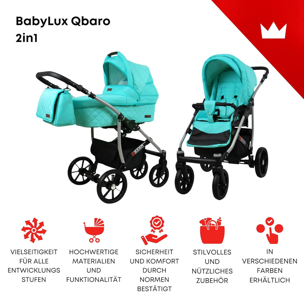 BabyLux® Bambimo Kinderwagen Set 3 in 1 - Qbaro - incl. Babywanne, Buggy Sportsitz, Auto-Babyschale - Autositz - Kinderwagenset - Kombikinderwagen mit Wickeltasche, Regenschutz usw.