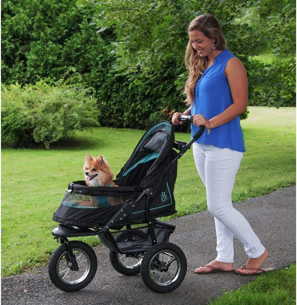 Passeggino per animali domestici No-Zip NV per cani/gatti, ingresso senza cerniera, facile chiusura con una mano, pneumatici con riempimento in gel, imbottitura in peluche + copertura antipioggia inclusi, 3 colori
