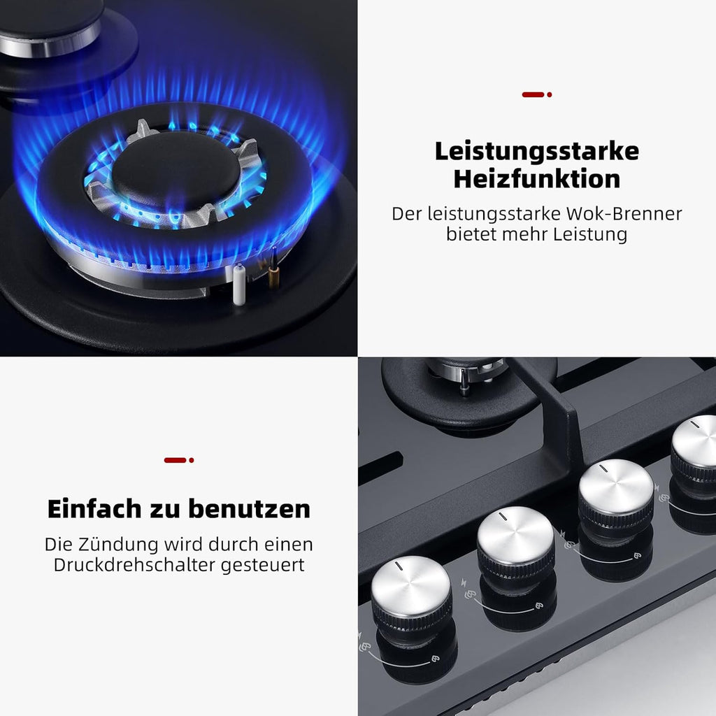 GASLAND GH60SF Einbau Gaskochfeld Edelstahl 4 Flammig, Gas Einbau Autark Gaskochfeld, 8000 W Butan-Gasherd, LPG/Erdgas