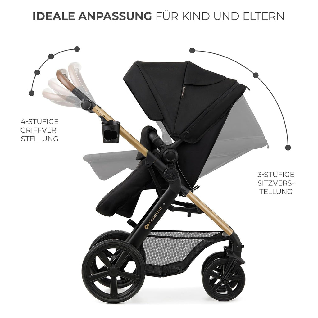Kinderkraft MOOV2 AIR Passeggino 3 in 1 Set Passeggino fino a 26 kg con seggiolino auto I-SIZE 40-75 cm, funzione passeggino, schienale reclinabile, ampia capottina estensibile, ruote gonfiabili, nero