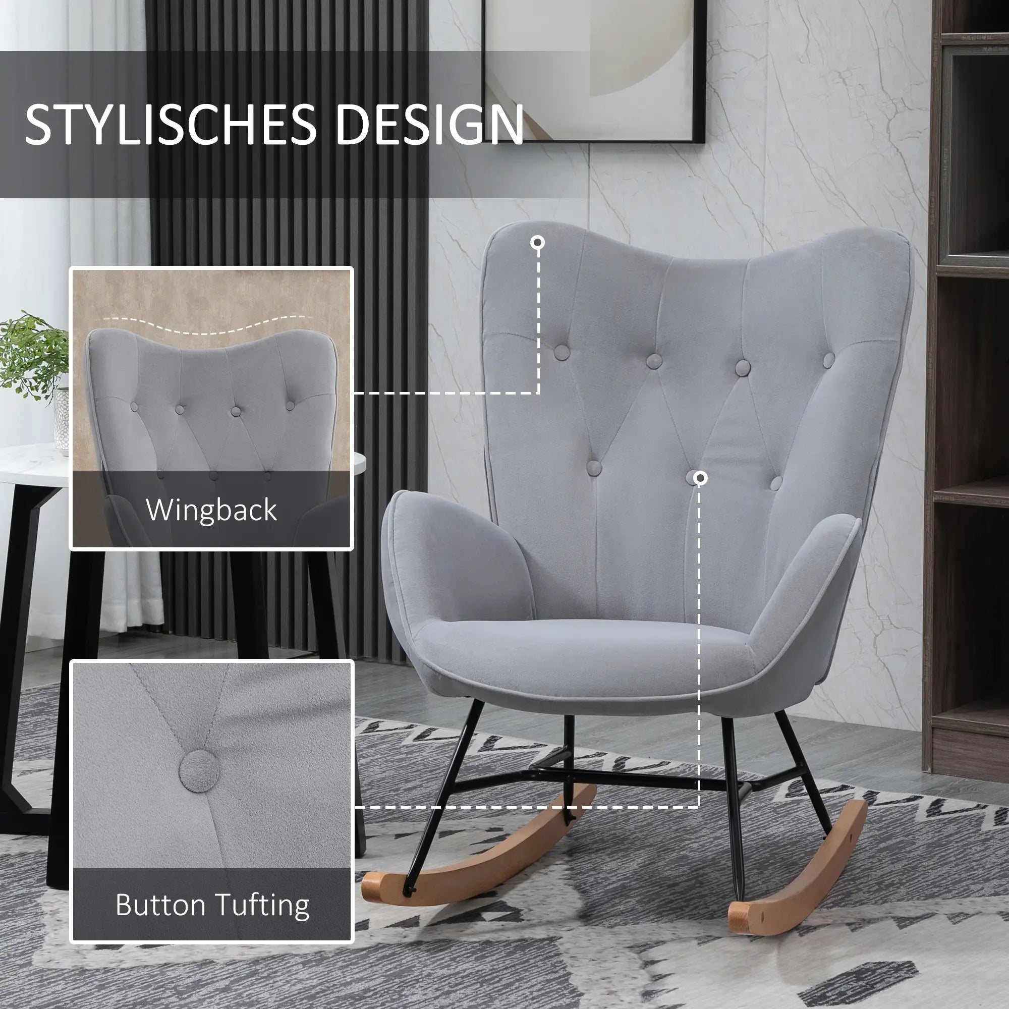 HOMCOM Sedia a Dondolo in Velluto con Schienale Alto Stile Scandinavo Grigio Chiaro