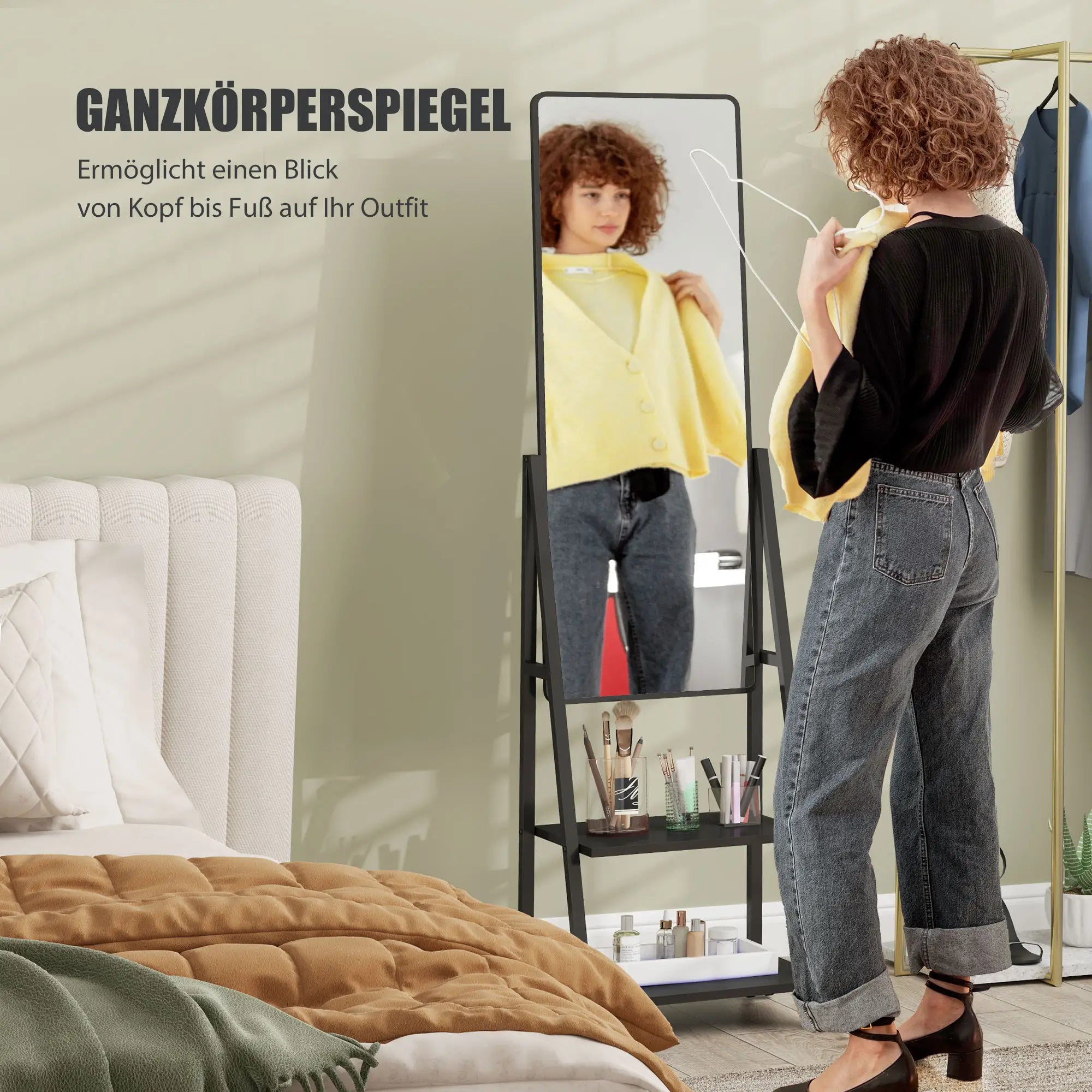 HOMCOM Specchio a figura intera con ripiano e rotelle