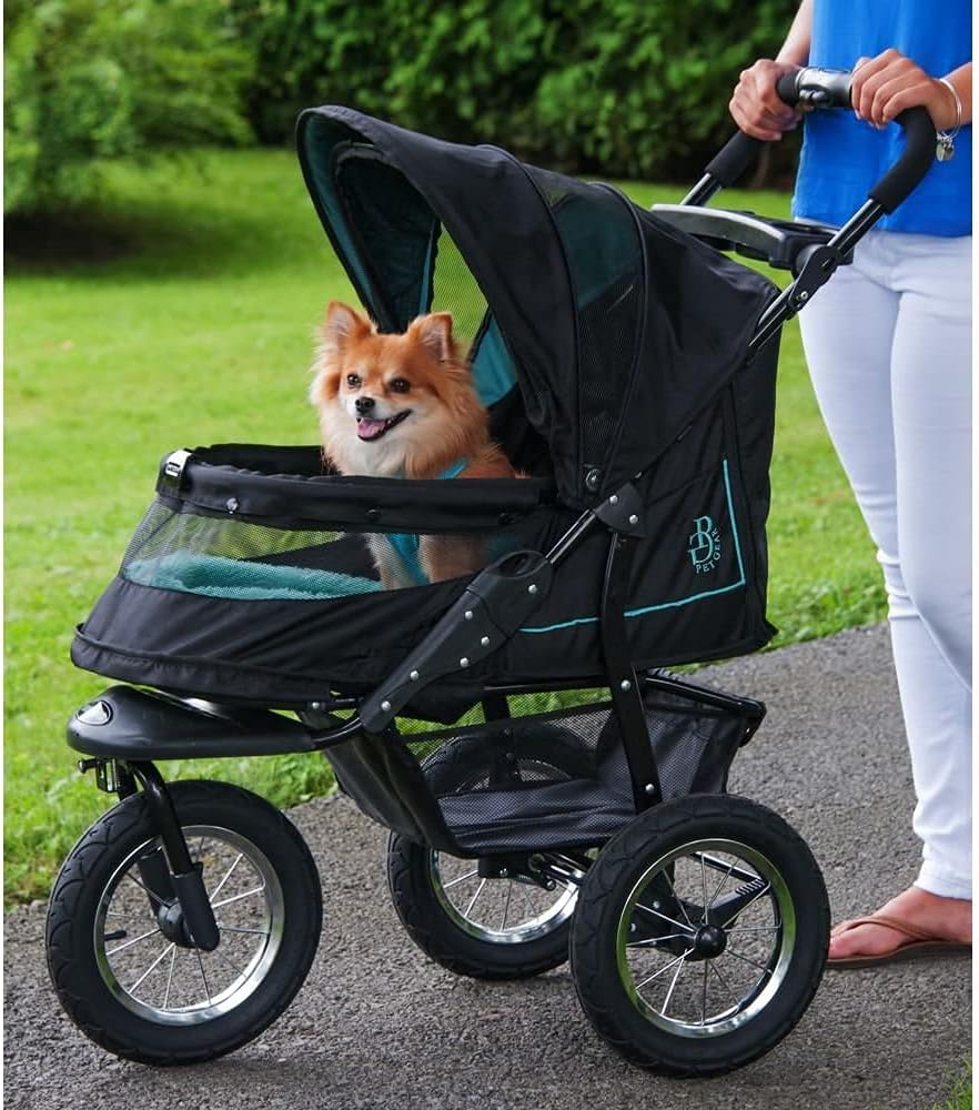 Passeggino per animali domestici No-Zip NV per cani/gatti, ingresso senza cerniera, facile chiusura con una mano, pneumatici con riempimento in gel, imbottitura in peluche + copertura antipioggia inclusi, 3 colori